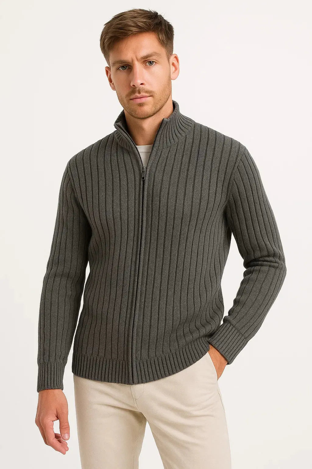 Men's Ribbed Full-Zip Knit Sweater