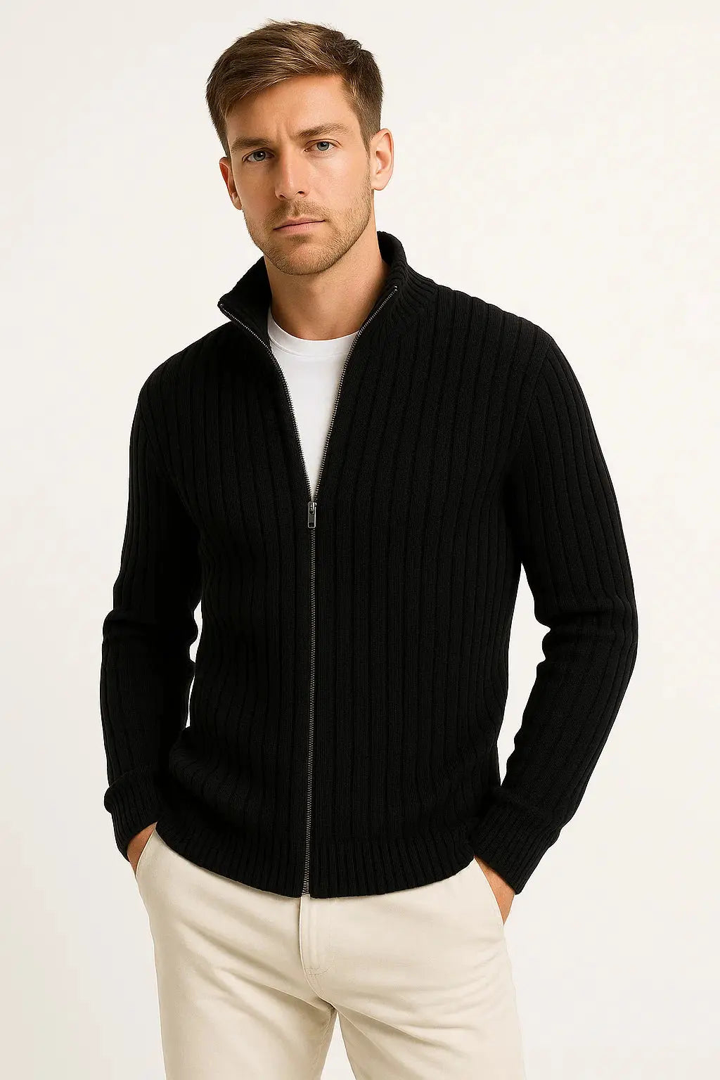 Men's Ribbed Full-Zip Knit Sweater