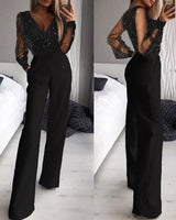 Women's Dressy Jumpsuit with Sheer Embellished Sleeves
