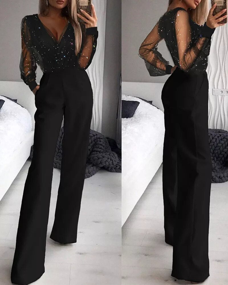 Women's Dressy Jumpsuit with Sheer Embellished Sleeves