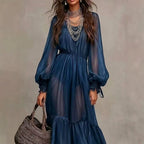 Women’s Sheer Sleeve Tiered Maxi Dress