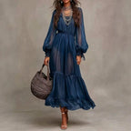 Women’s Sheer Sleeve Tiered Maxi Dress