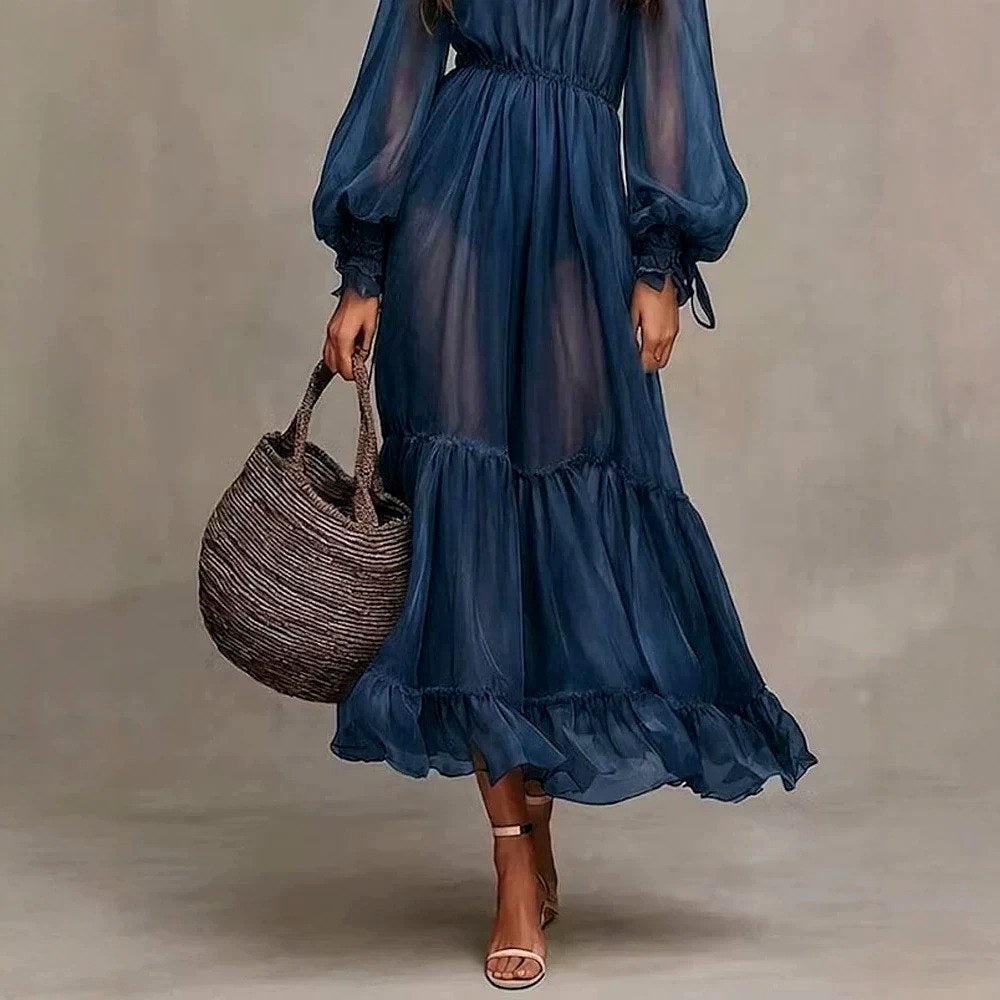 Women’s Sheer Sleeve Tiered Maxi Dress