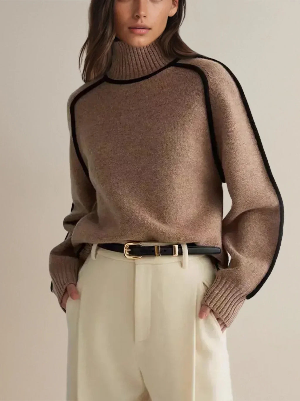 Women's Turtleneck Knit Sweater with Contrast Trim