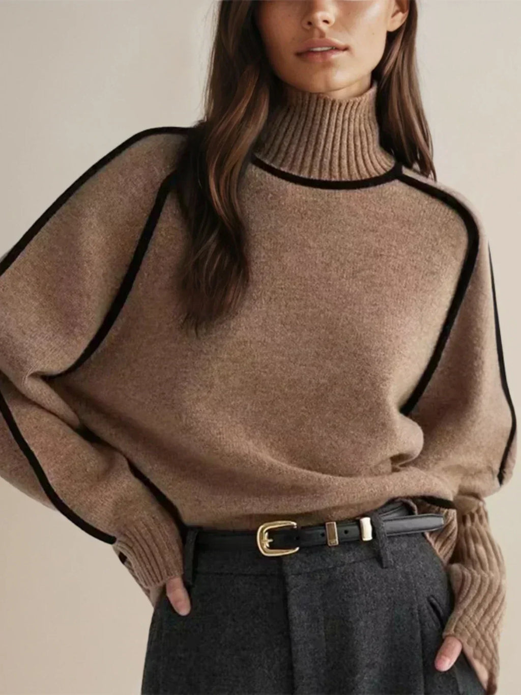 Women's Turtleneck Knit Sweater with Contrast Trim