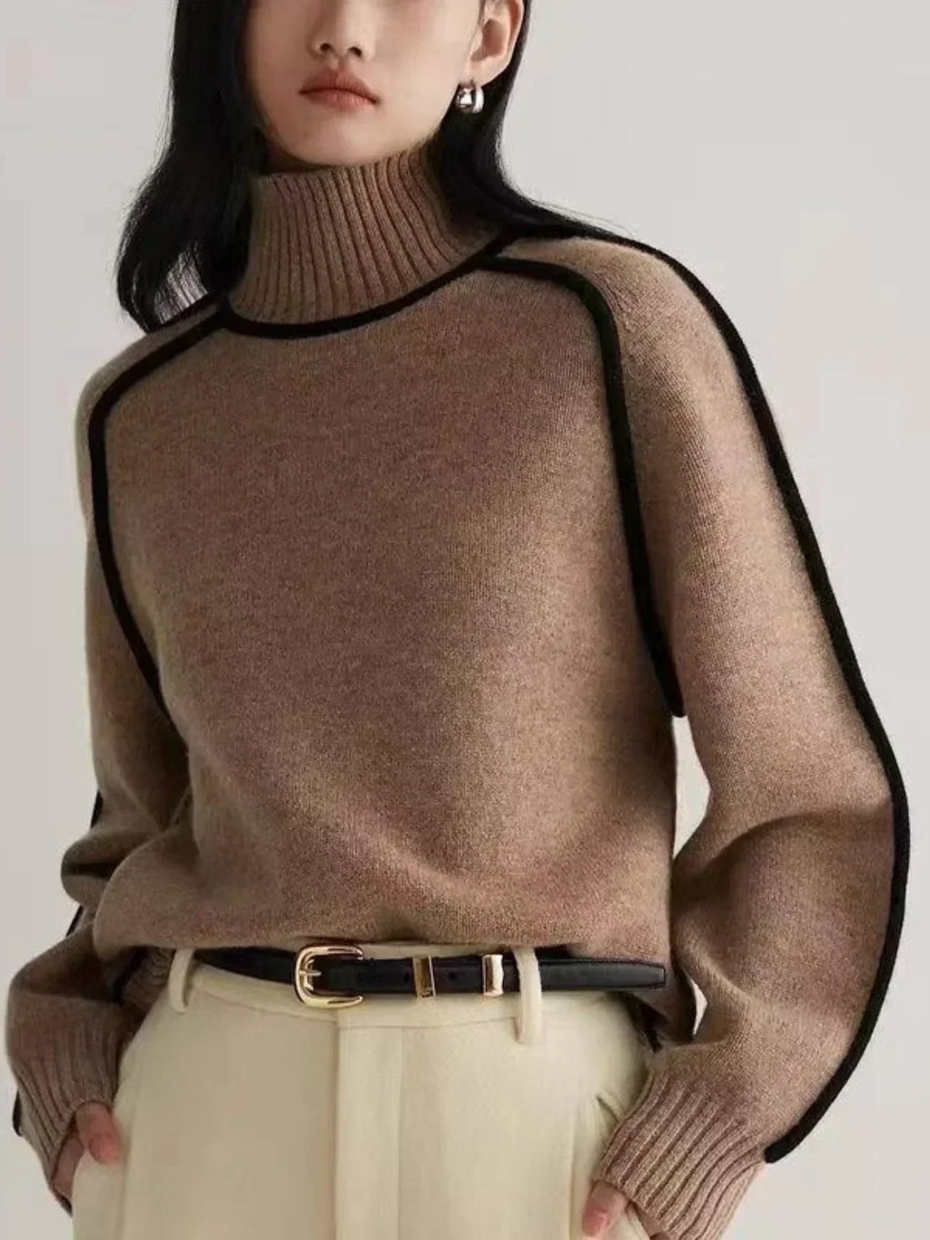 Women's Turtleneck Knit Sweater with Contrast Trim
