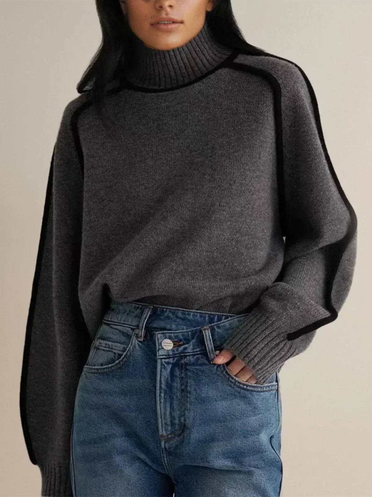 Women's Turtleneck Knit Sweater with Contrast Trim