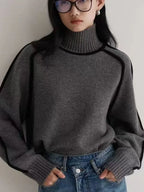 Women's Turtleneck Knit Sweater with Contrast Trim