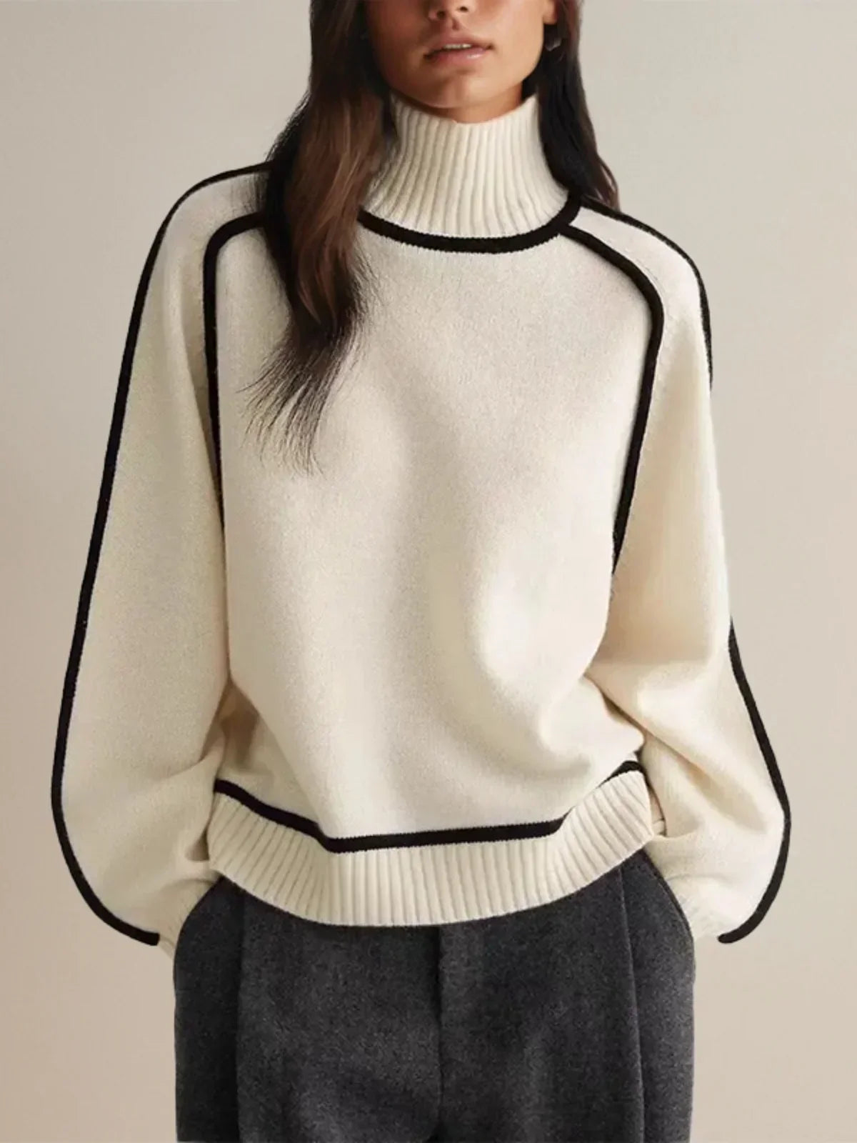 Women's Turtleneck Knit Sweater with Contrast Trim
