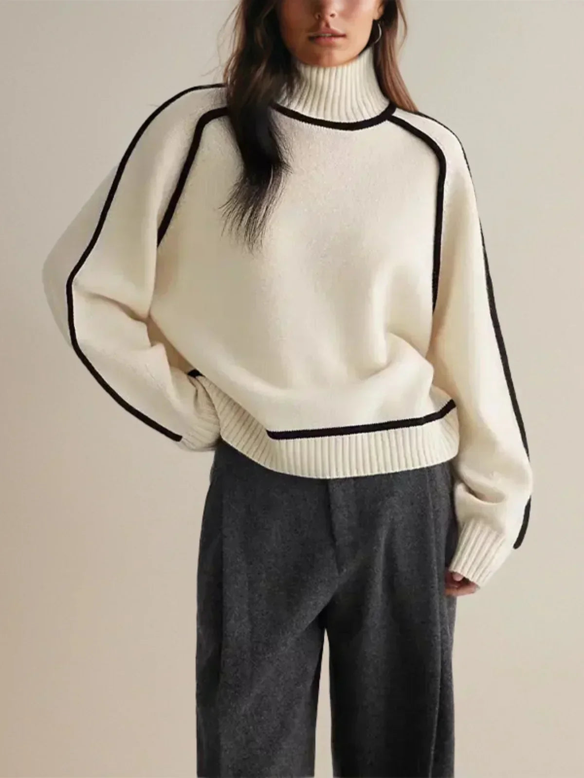 Women's Turtleneck Knit Sweater with Contrast Trim