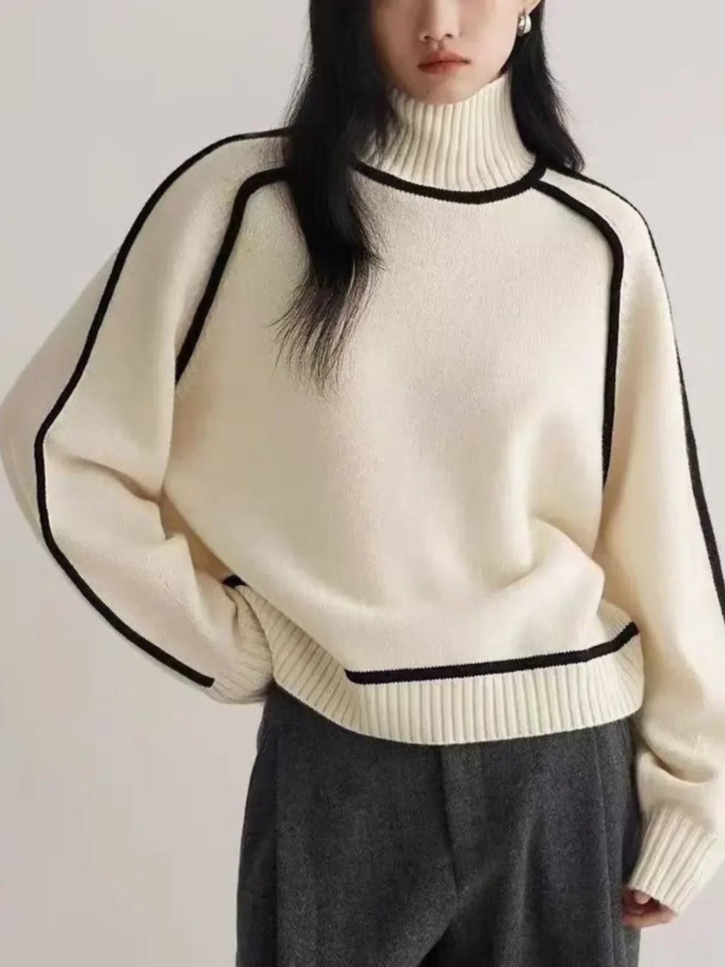 Women's Turtleneck Knit Sweater with Contrast Trim