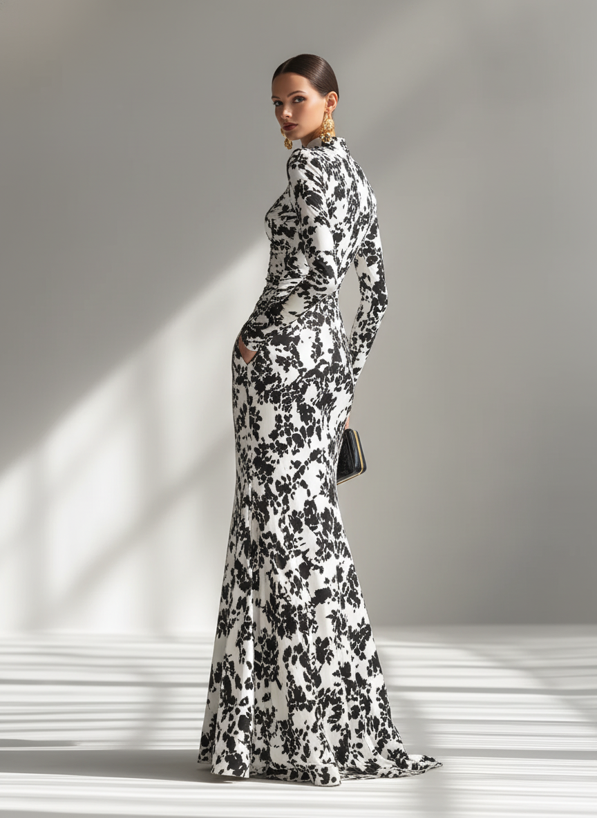 Women's Floral Print Ruched Long Sleeve Maxi Dress