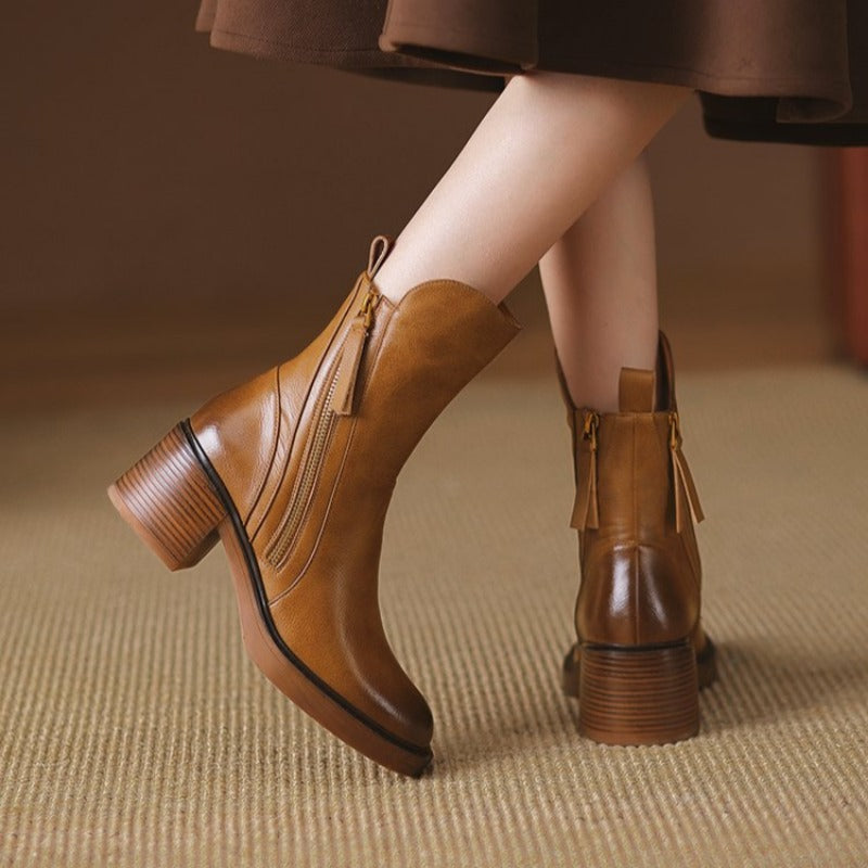 Women's Mid-Calf Zip Detail Block Heel Boots