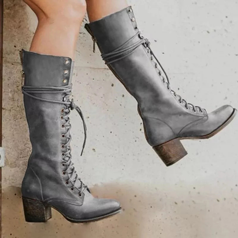 Women’s Lace-Up Knee-High Block Heel Boots