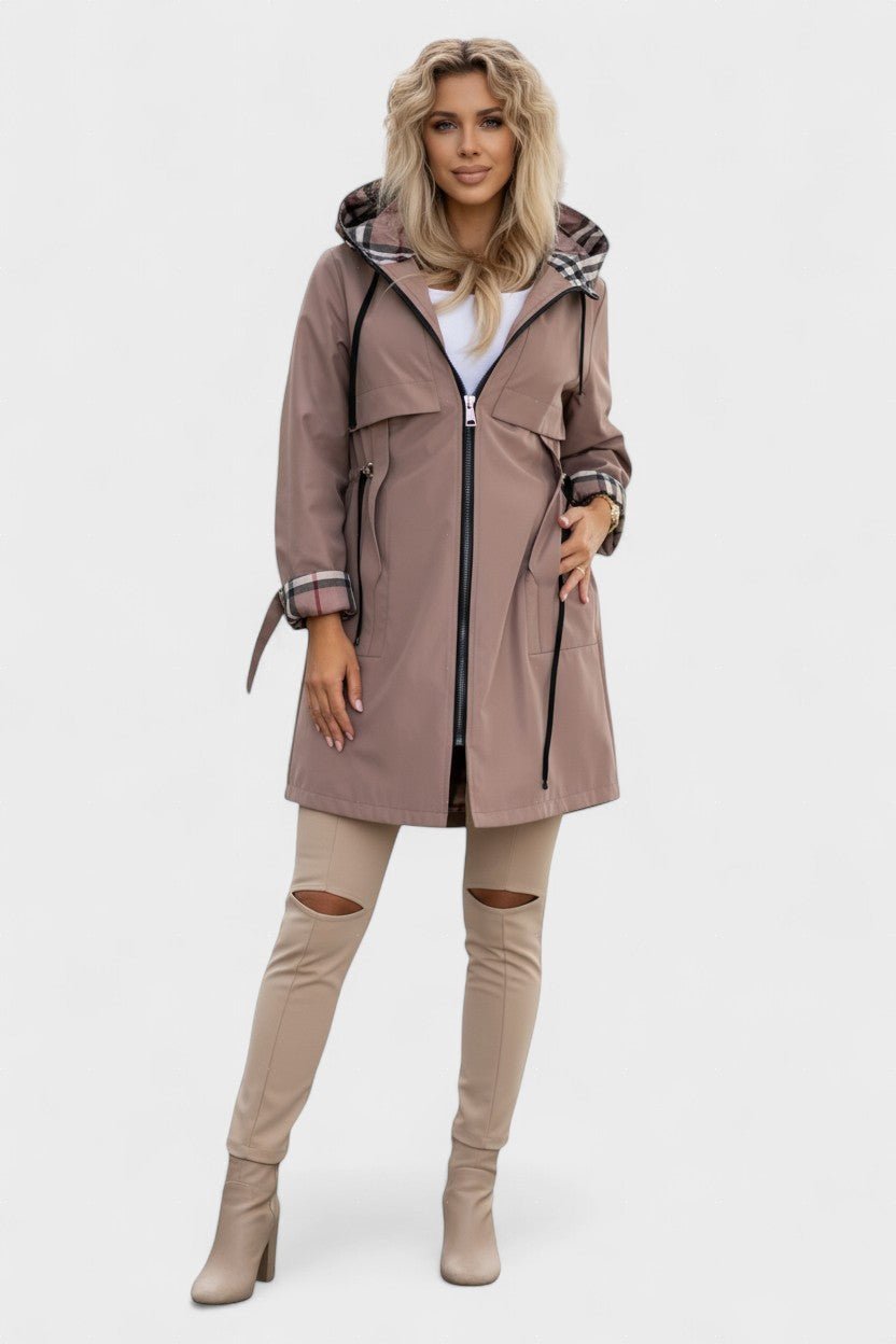 Women’s Plaid-Trim Hooded Trench Coat