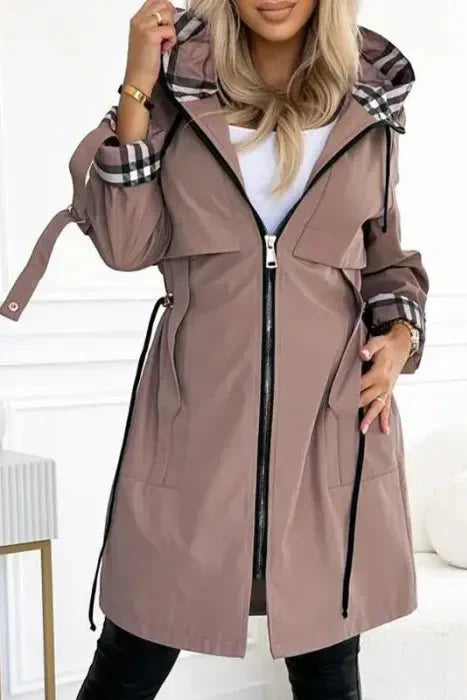 Women’s Plaid-Trim Hooded Trench Coat