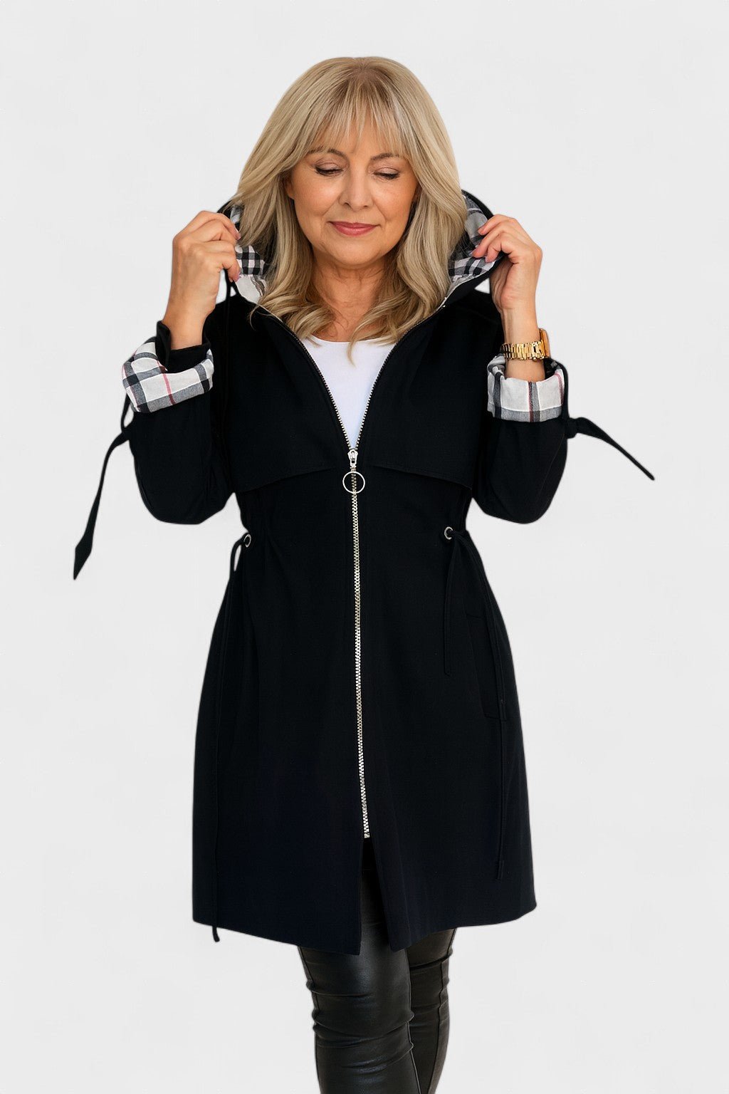 Women’s Plaid-Trim Hooded Trench Coat