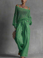 Women’s Open-Knit Sweater and Wide-Leg Pant Set