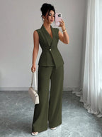 Women's Two Piece Sleeveless Wide Leg Pants Set
