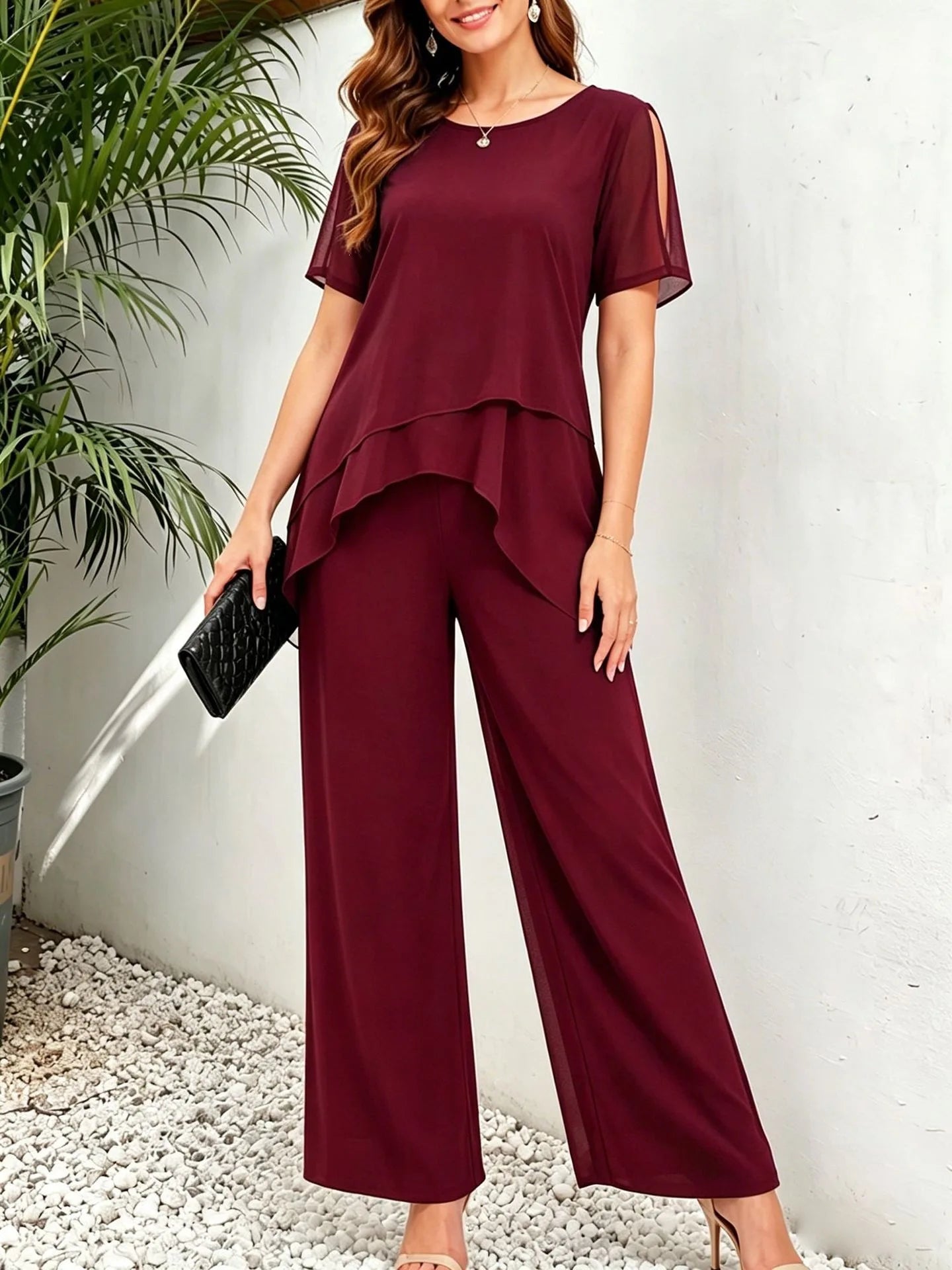 Women’s Layered Top and Wide-Leg Pant Set