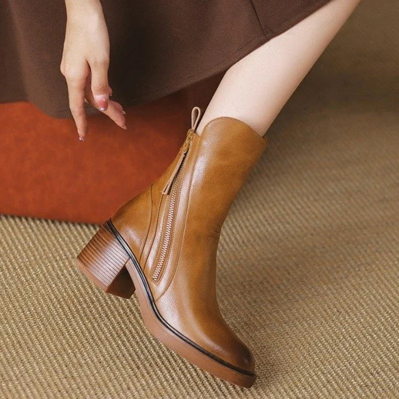 Women's Mid-Calf Zip Detail Block Heel Boots