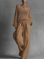 Women’s Open-Knit Sweater and Wide-Leg Pant Set