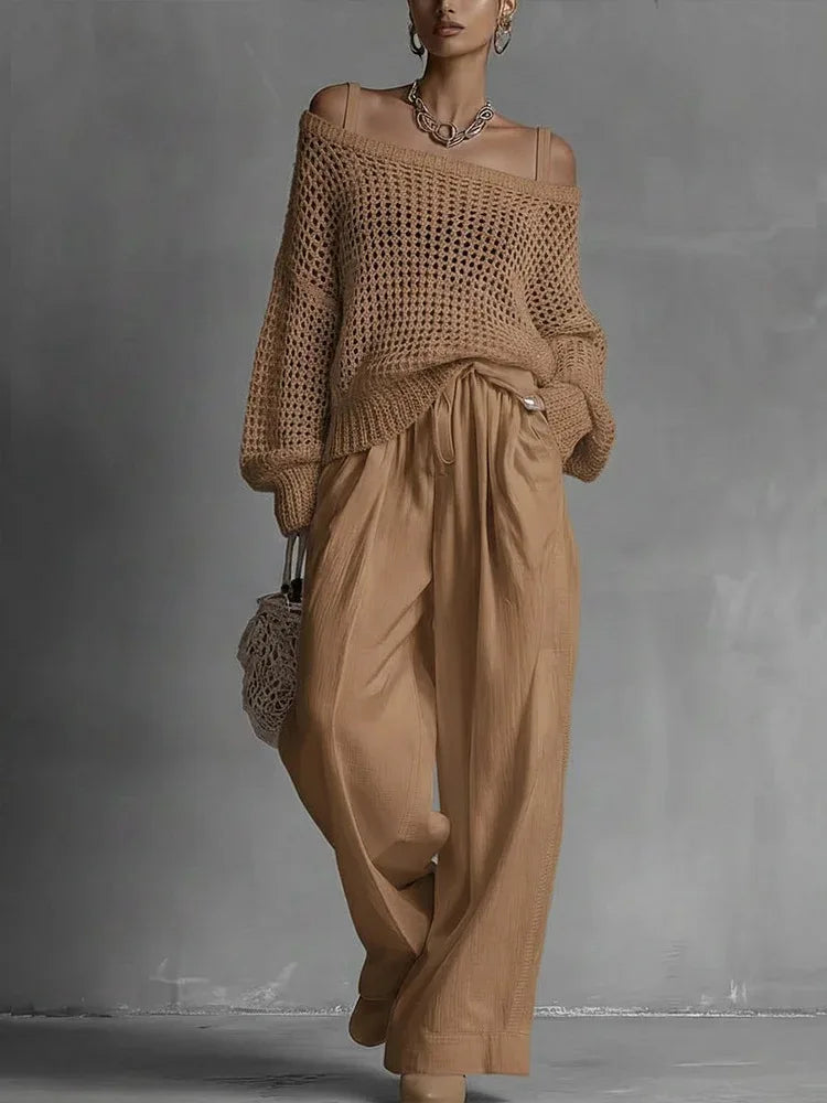 Women’s Open-Knit Sweater and Wide-Leg Pant Set