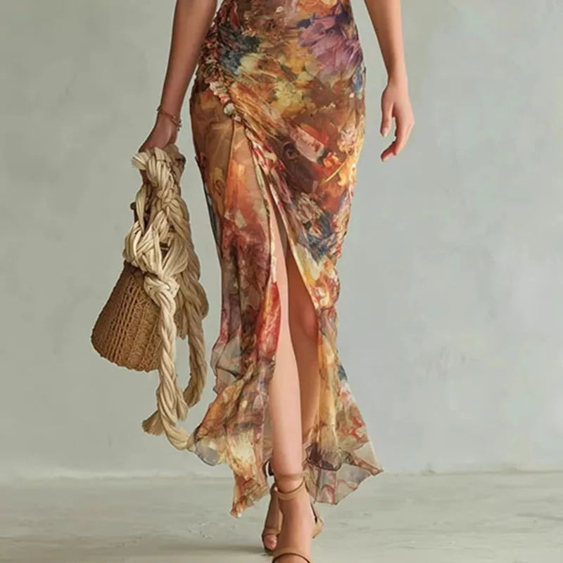 Women’s Ruched Floral Split Maxi Dress