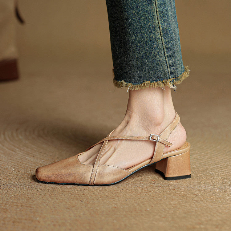 Women's Slingback Square Toe Block Heel Pumps