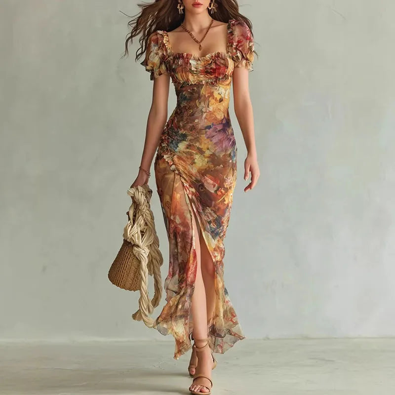 Women’s Ruched Floral Split Maxi Dress