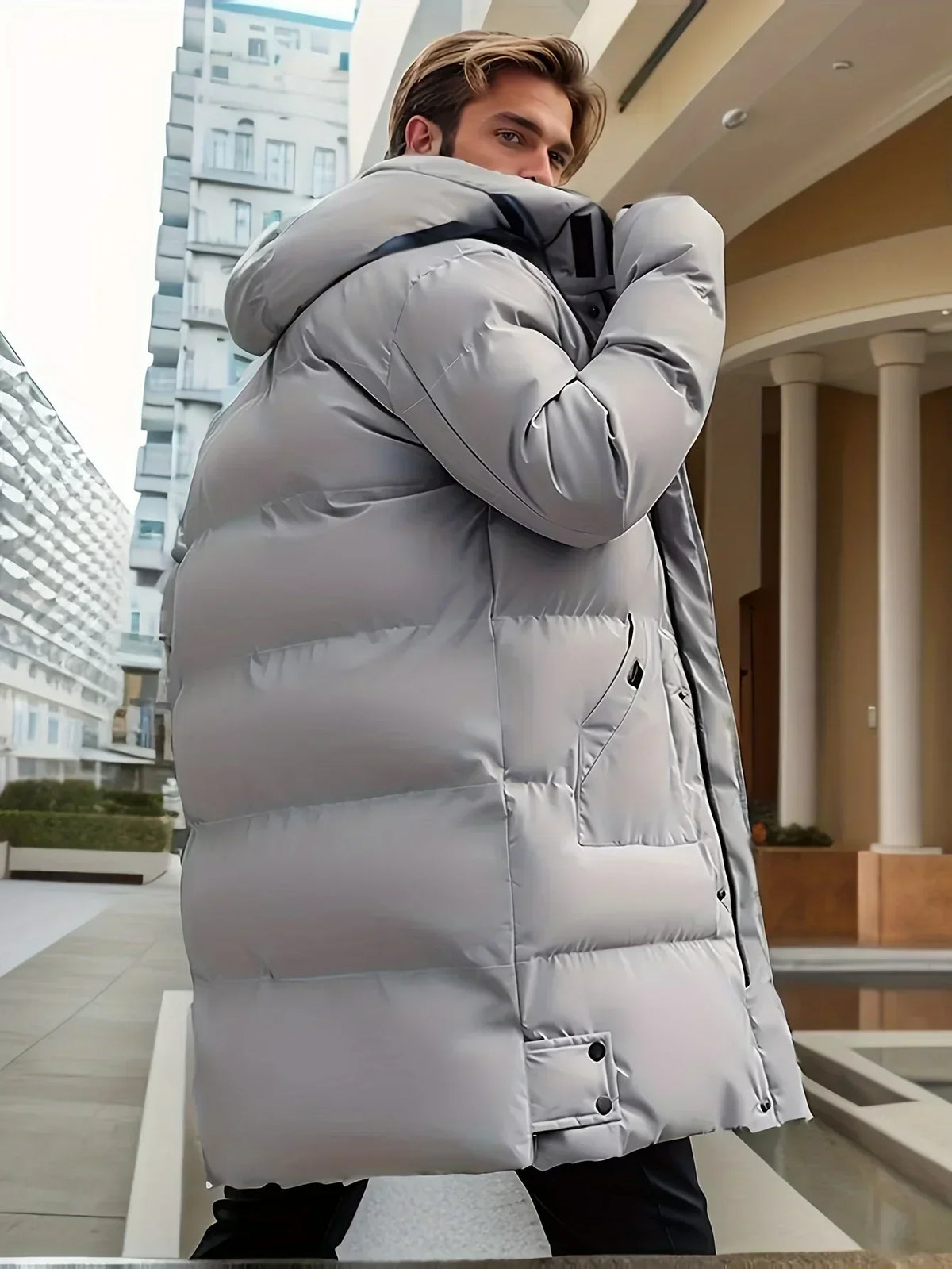 Men’s Long Hooded Quilted Jacket