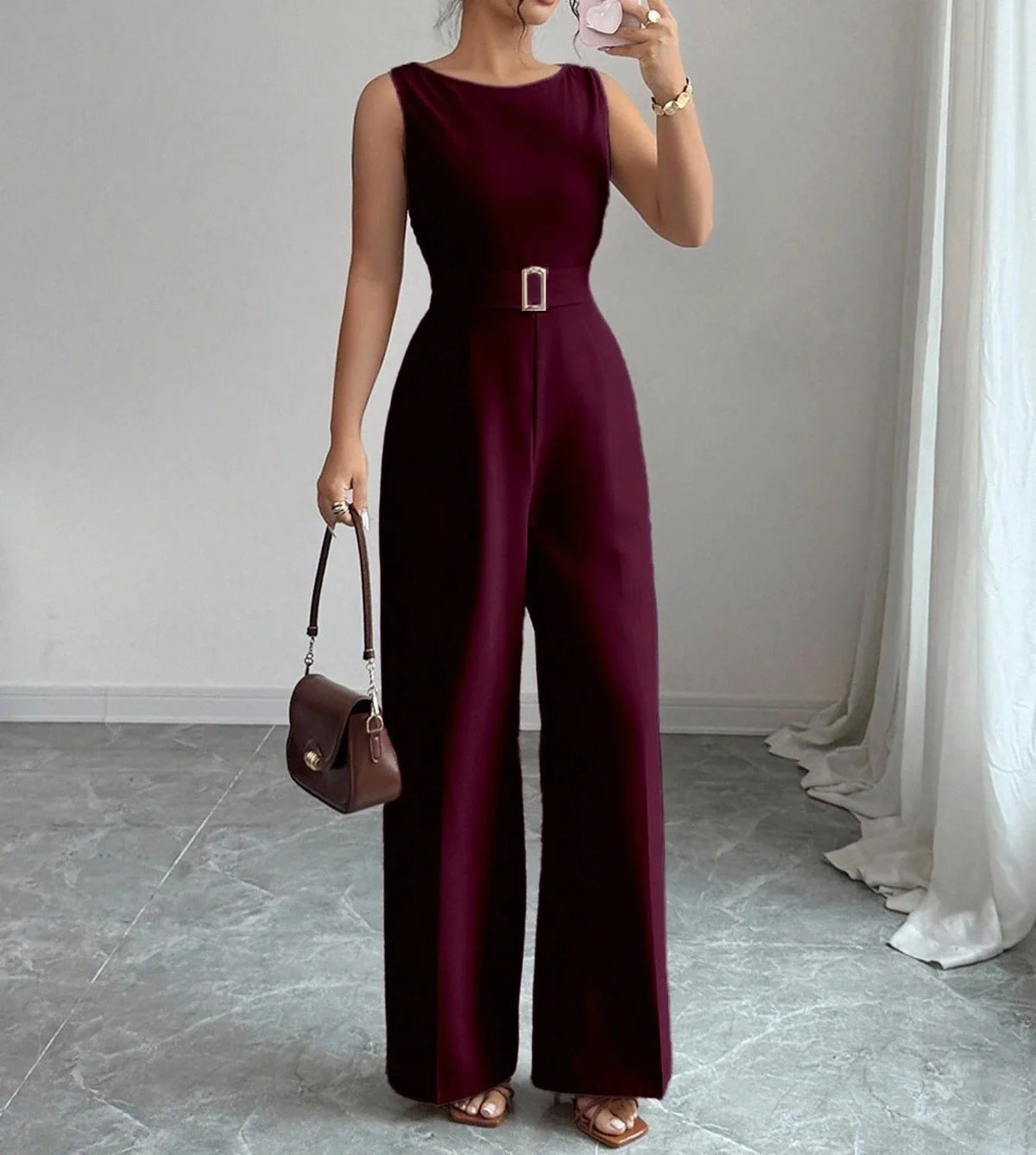 Women's Sleeveless Wide Leg Belted Jumpsuit