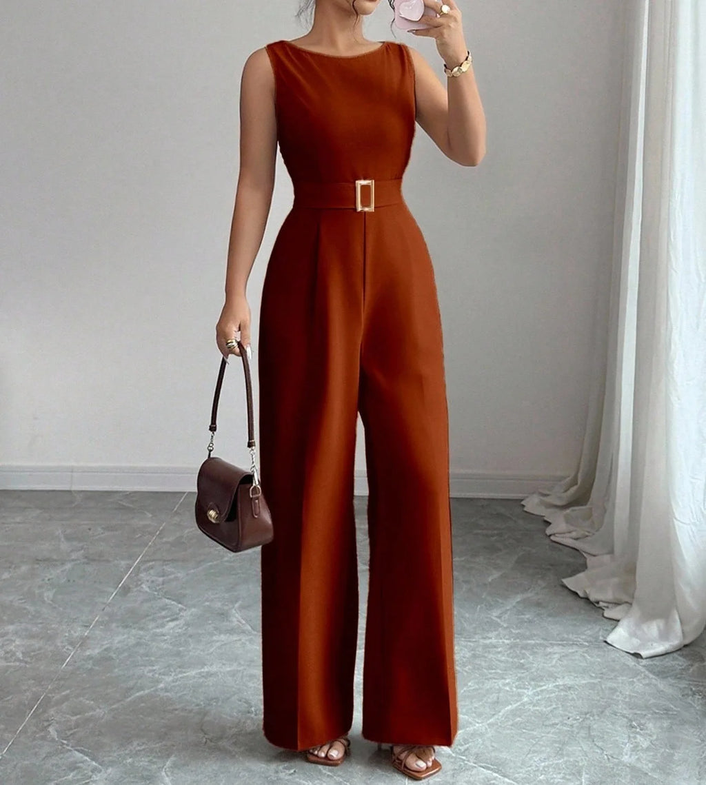 Women's Sleeveless Wide Leg Belted Jumpsuit