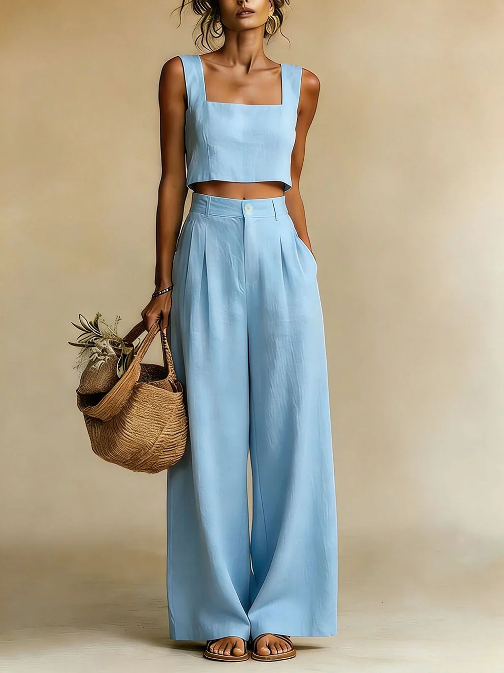 Women's Linen Crop Top Pants Set