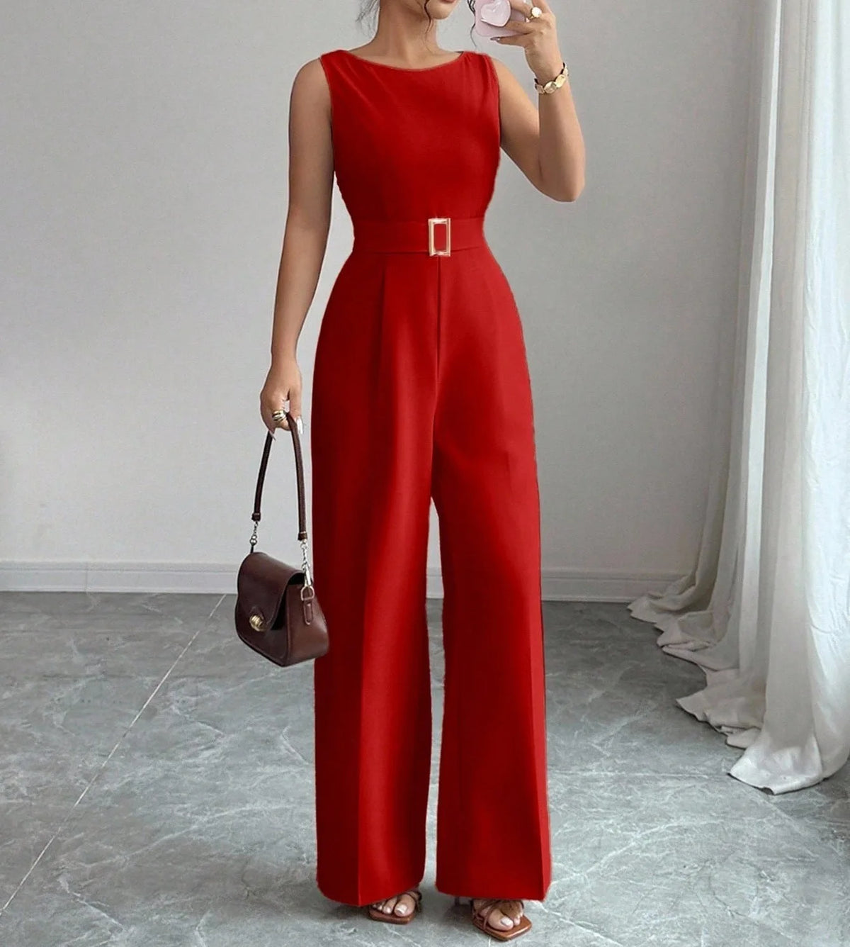 Women's Sleeveless Wide Leg Belted Jumpsuit