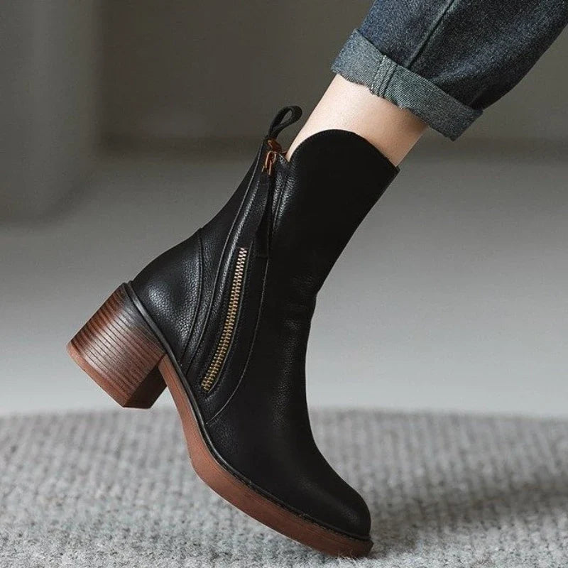 Women's Mid-Calf Zip Detail Block Heel Boots