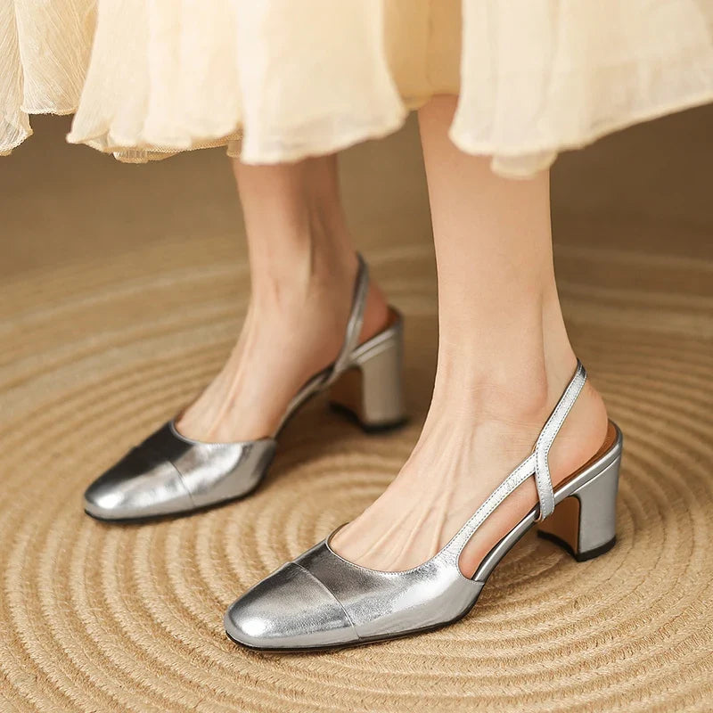 Women's Square Toe Slingback Block Heel Pumps