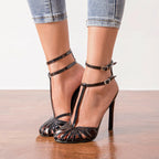 Women's T-Strap Stiletto Heels with Buckle Straps