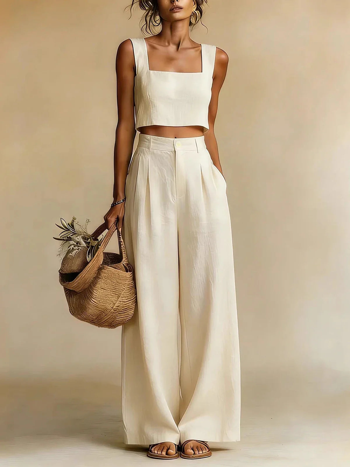 Women's Linen Crop Top Pants Set