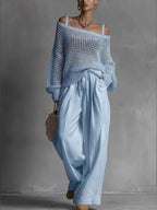 Women’s Open-Knit Sweater and Wide-Leg Pant Set