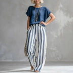 Women's Linen Top Striped Pants Set