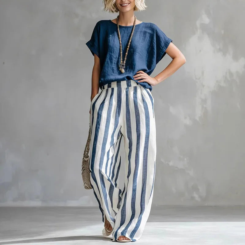 Women's Linen Top Striped Pants Set