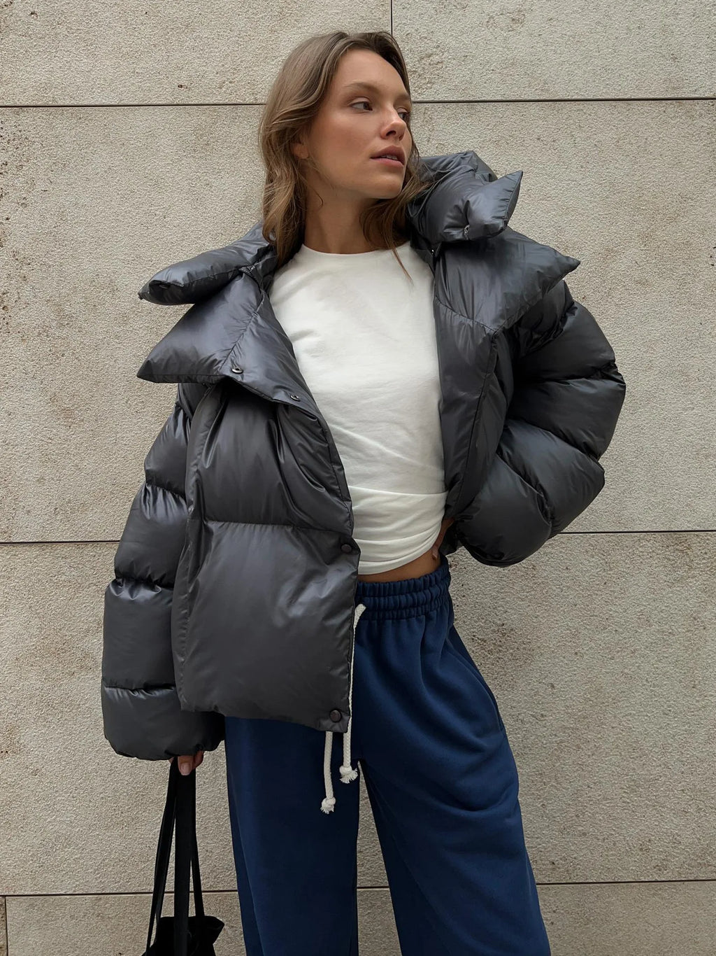 Women's Puffer Jacket with Oversized Collar