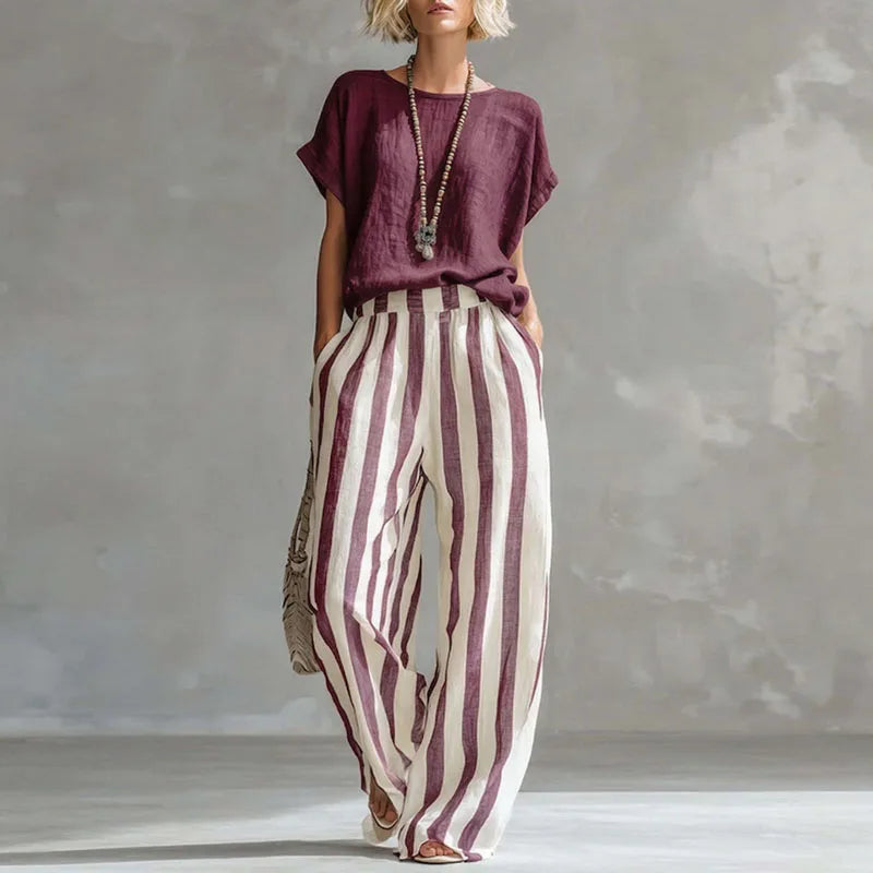 Women's Linen Top Striped Pants Set