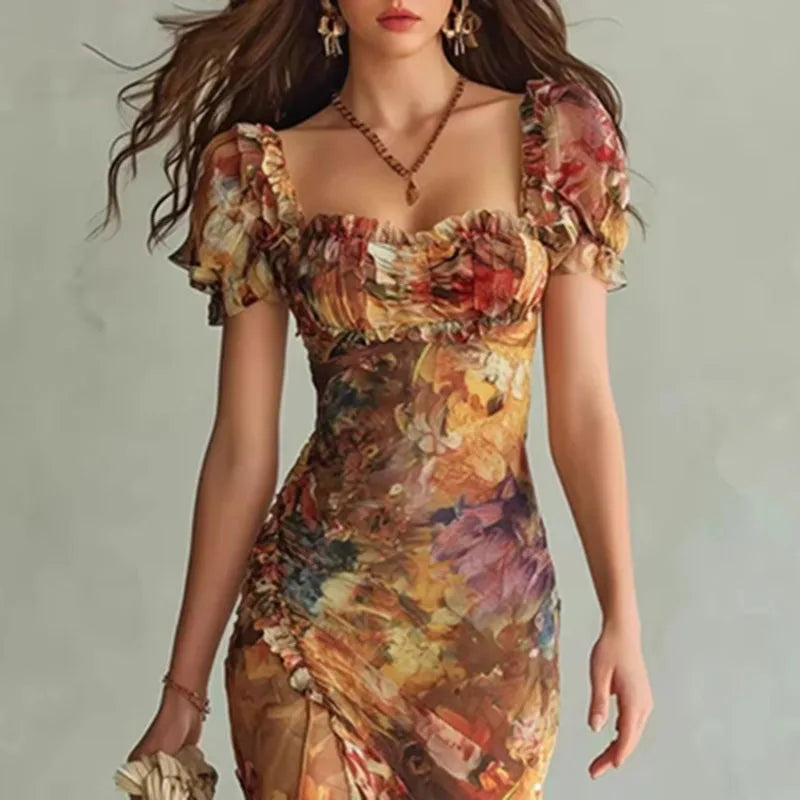 Women’s Ruched Floral Split Maxi Dress