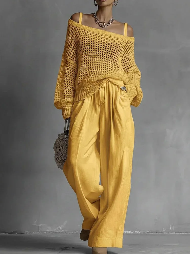 Women’s Open-Knit Sweater and Wide-Leg Pant Set