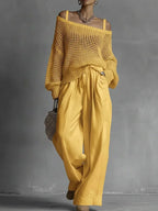 Women’s Open-Knit Sweater and Wide-Leg Pant Set
