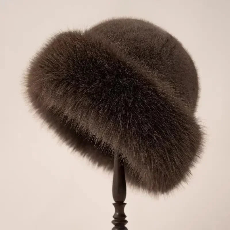 Women's Faux Fur Bucket Hat with Wide Brim