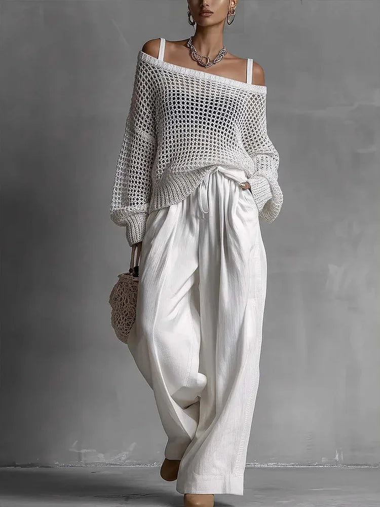 Women’s Open-Knit Sweater and Wide-Leg Pant Set