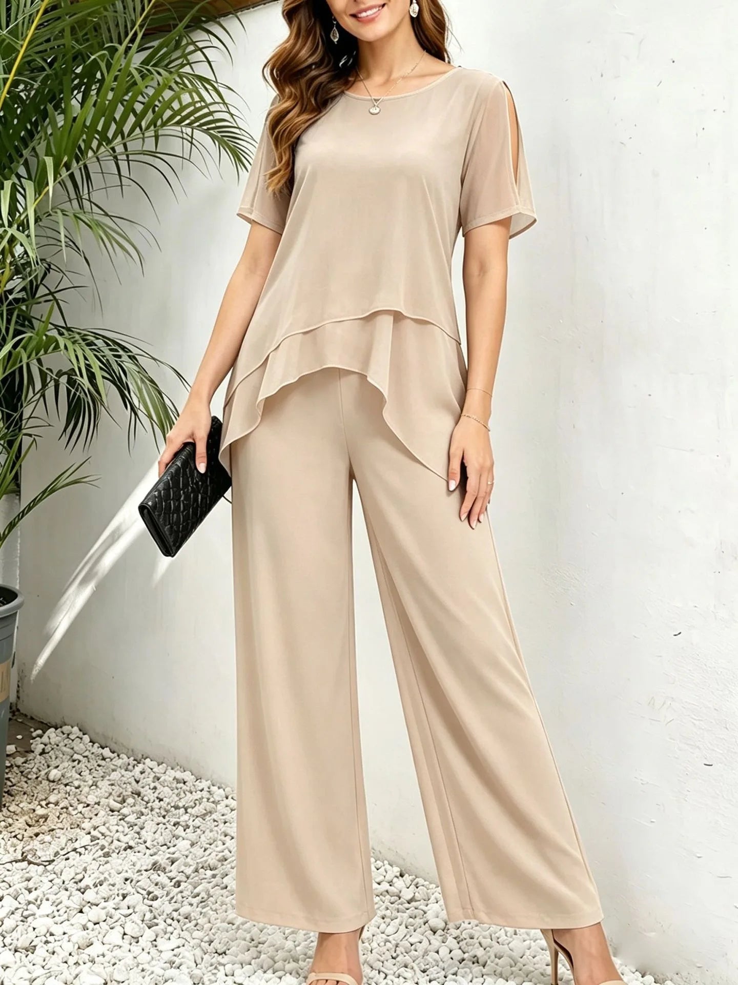 Women’s Layered Top and Wide-Leg Pant Set